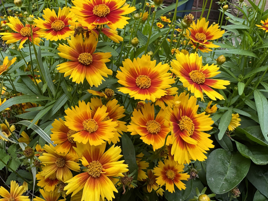 A cluster of yellow flowers has bronze-red centers.