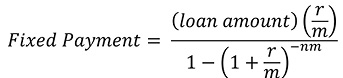 Equation: Fixed Payment = (loan amount)(r/m)/(1-(1+r/m)^(-nm))